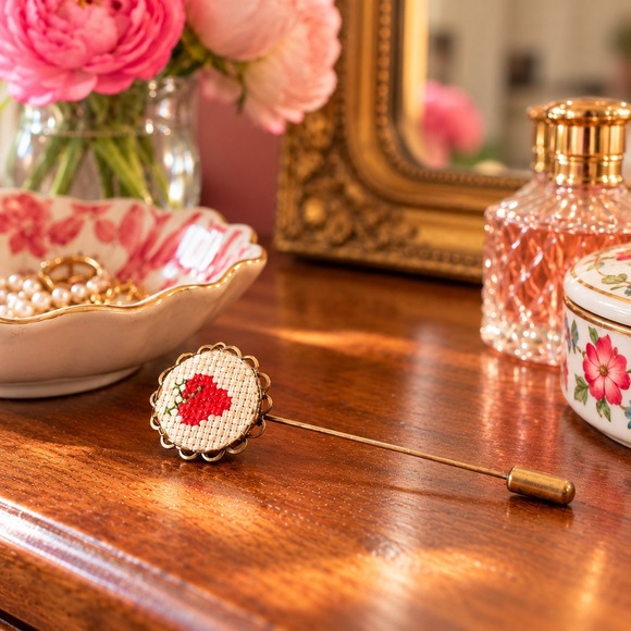 American Vintage Jewelry - Vintage Strawberry Cross Stitch Stick Pin Brooch Scalloped Metal Cottagecore